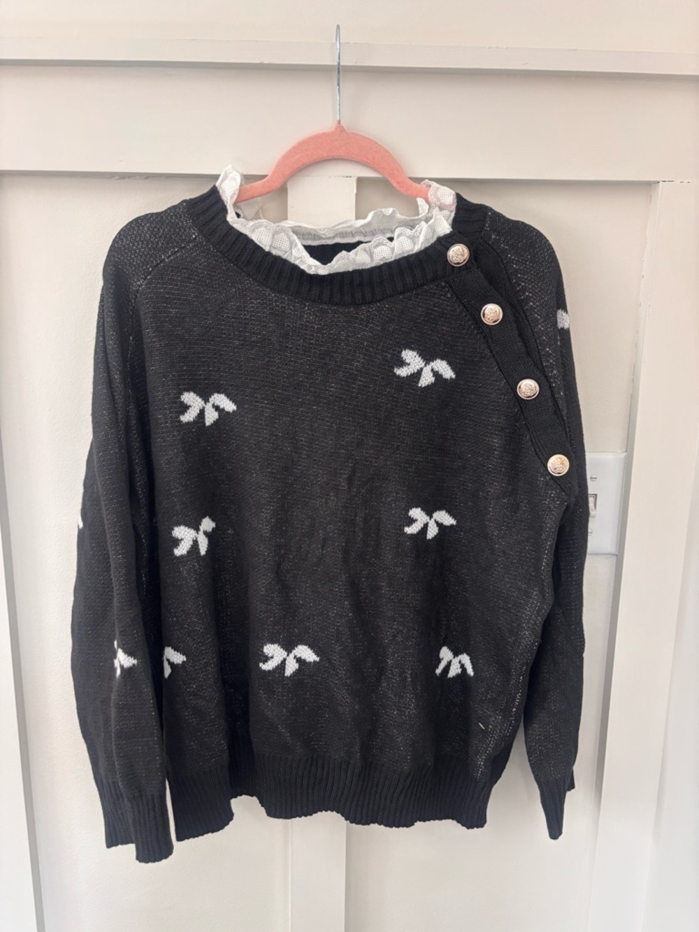 Black Bow-Accent Crewneck Sweater with Side Buttons